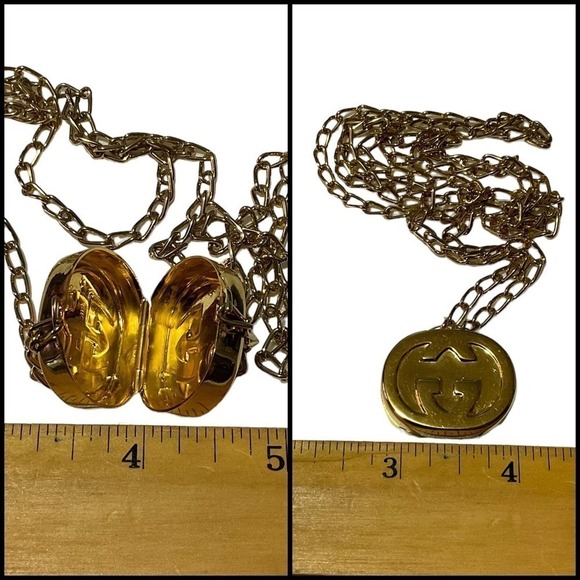 Gucci Vintage Necklace Yellow Gold Oval Locket Pill Box L Chain Raised GG Motif - Picture 11 of 16